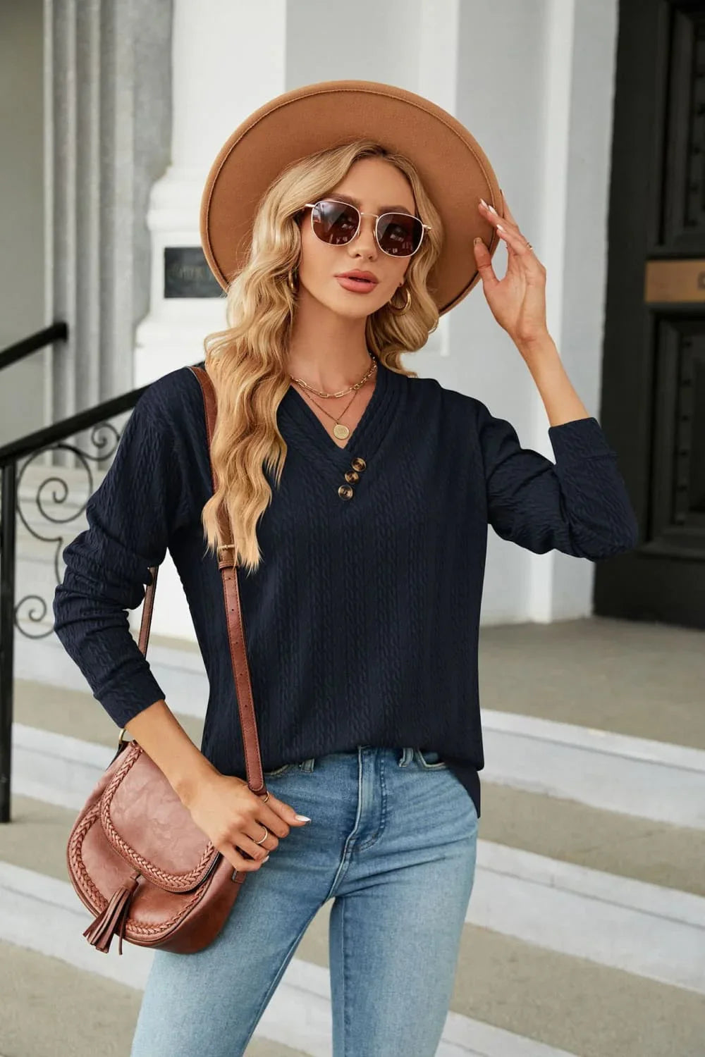 Decorative Button V-Neck Long Sleeve T-Shirt - Southern Shores Clothing