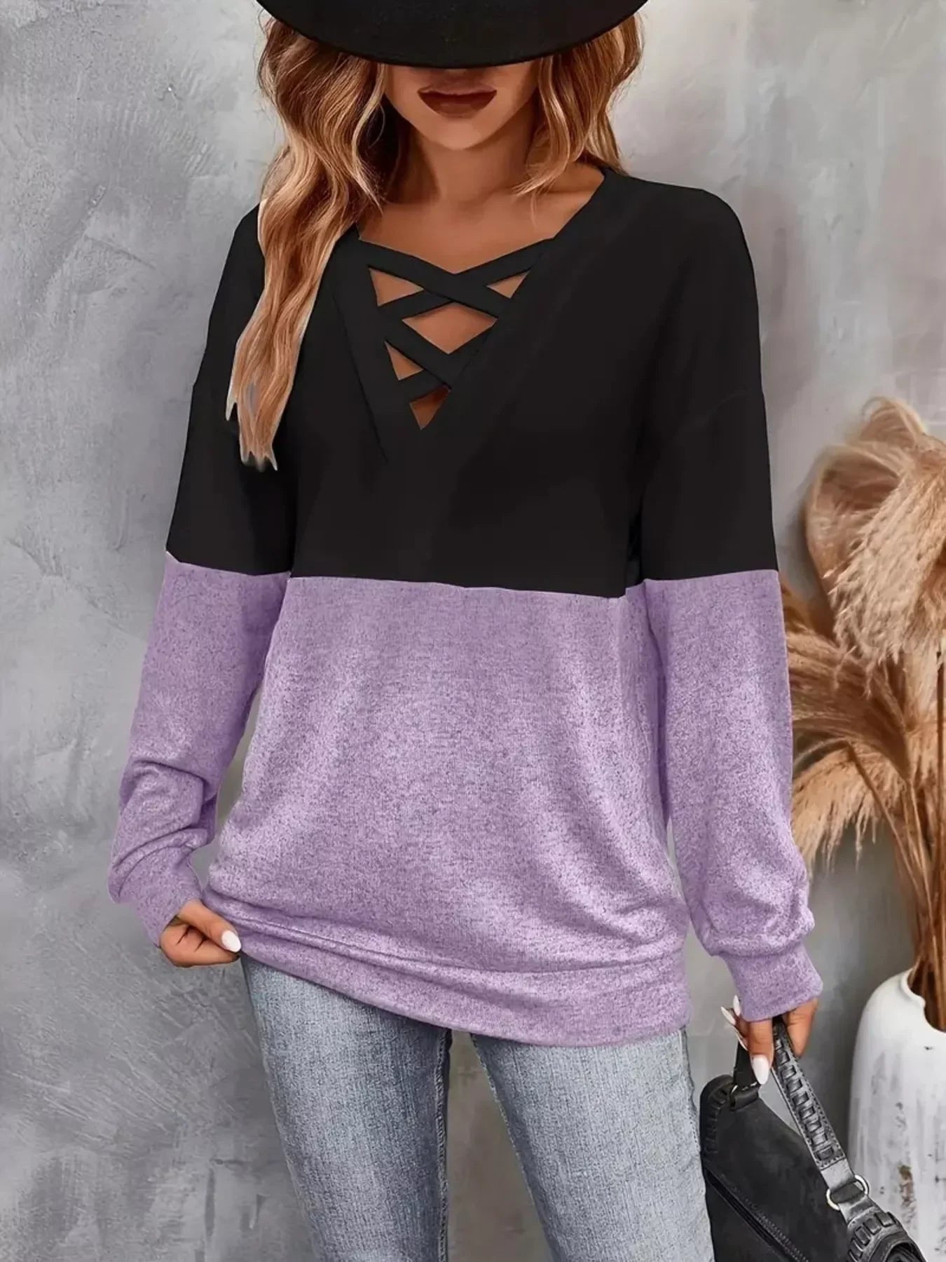 Crisscross V-Neck Block Long Sleeve Stretch T-Shirt - Southern Shores Clothing