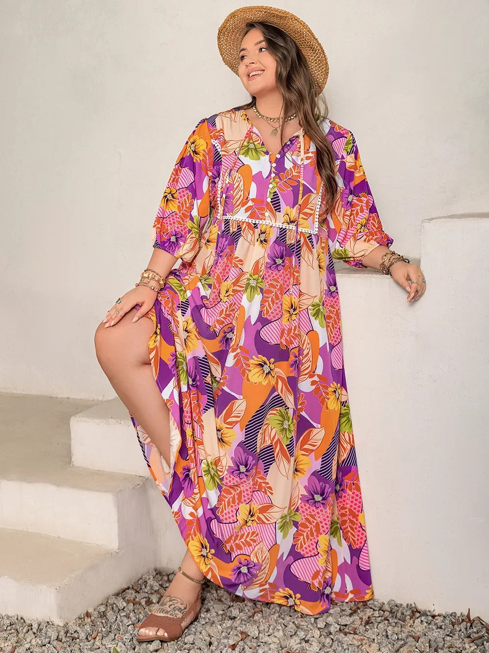 Printed Tie Neck Maxi Dress With Button Front Slit Allover Floral - Southern Shores Clothing