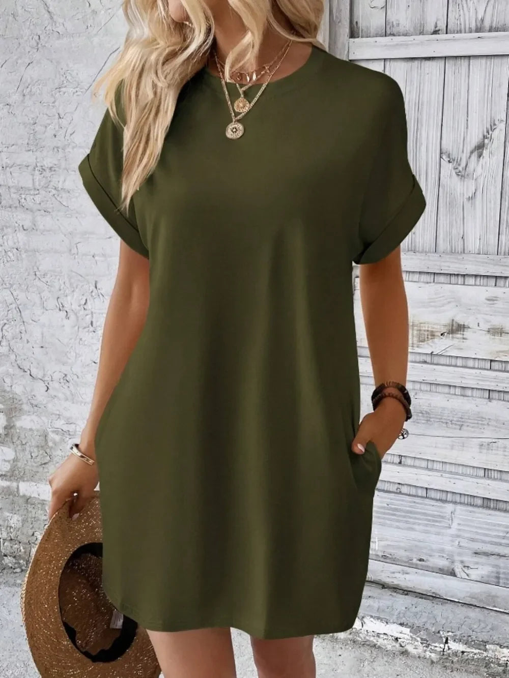 Pocketed Round Neck Short Sleeve Dress - Southern Shores Clothing
