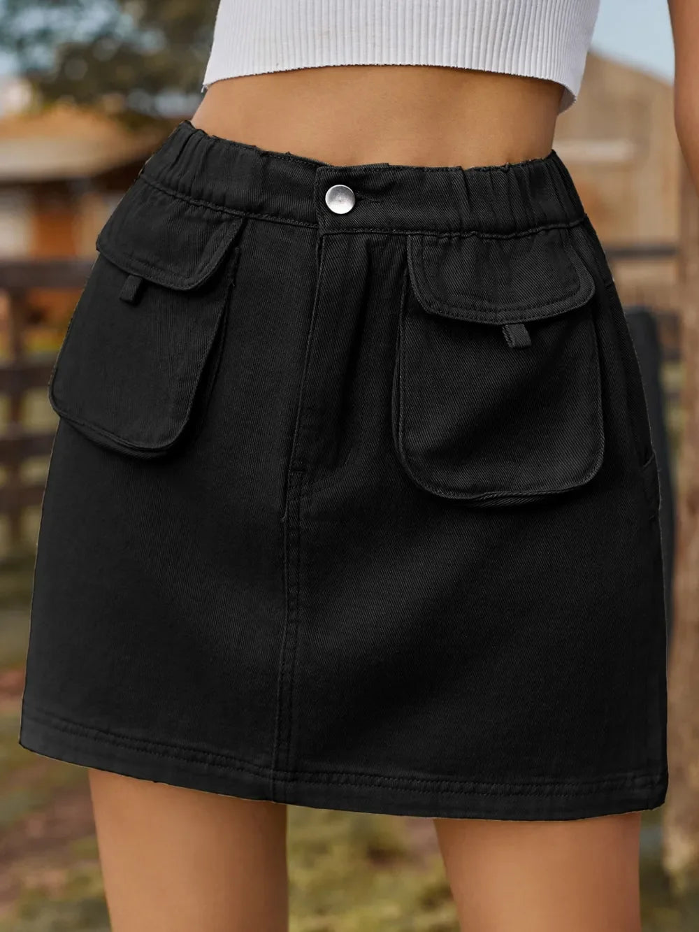 Pocketed Denim Skirt With Elastic Waist Casual - Southern Shores Clothing