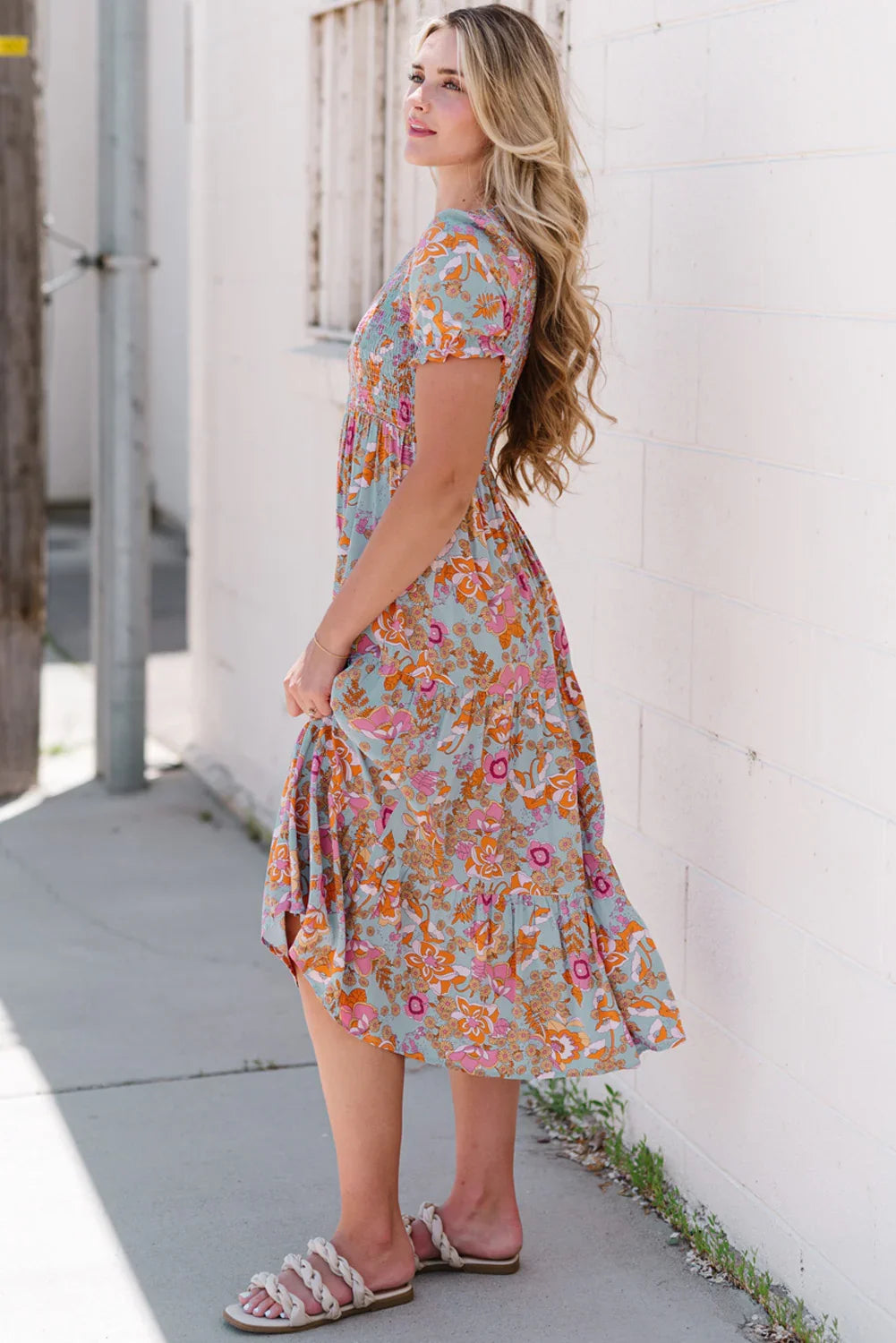 Floral Flounce Sleeve Round Neck Midi Dress - Southern Shores Clothing