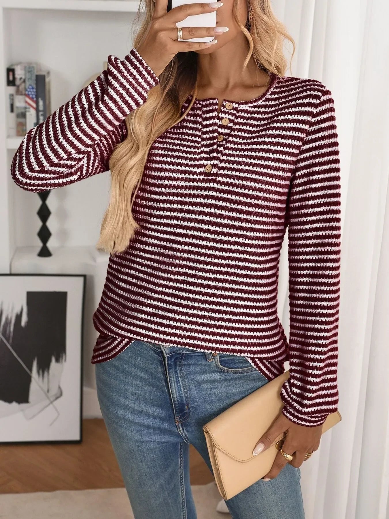 Striped Button Detail Long Sleeve Top - Southern Shores Clothing