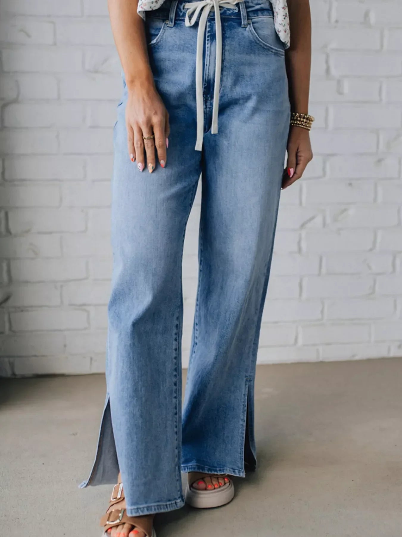 Coastal Wide Leg Slit Denim Jeans With Adjustable Drawstring - Southern Shores Clothing