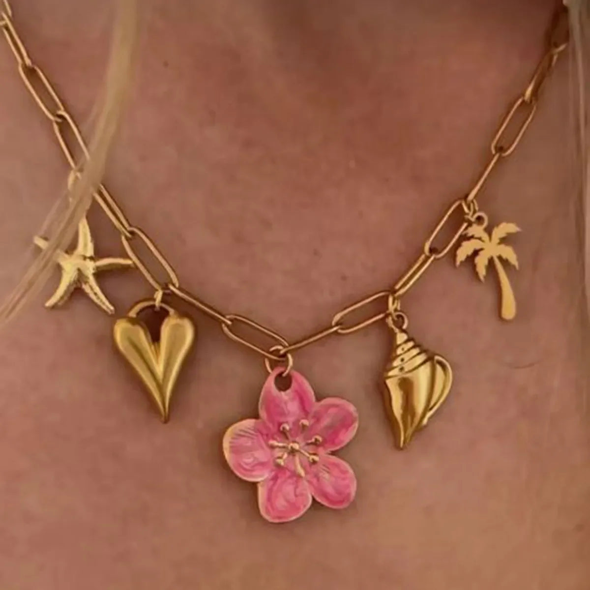 Coastal Beach Pendant Necklace With Pink Resin Flower Charm - Southern Shores Clothing