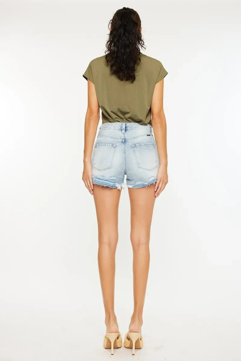 High Rise Raw Hem Stretch Denim Shorts Elongated Fit - Southern Shores Clothing