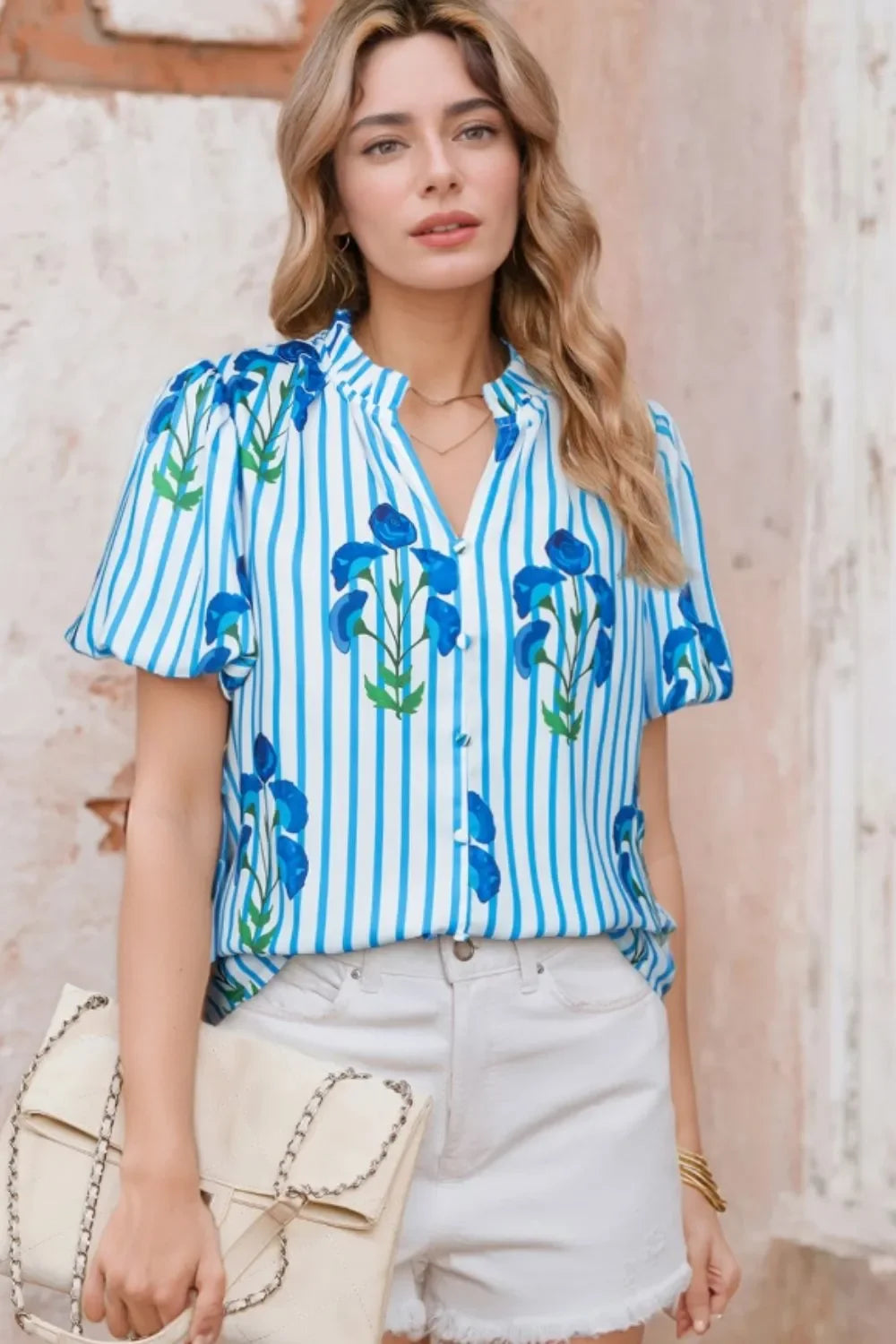 Striped Floral Notched Neck Puff Sleeve Blouse - Southern Shores Clothing
