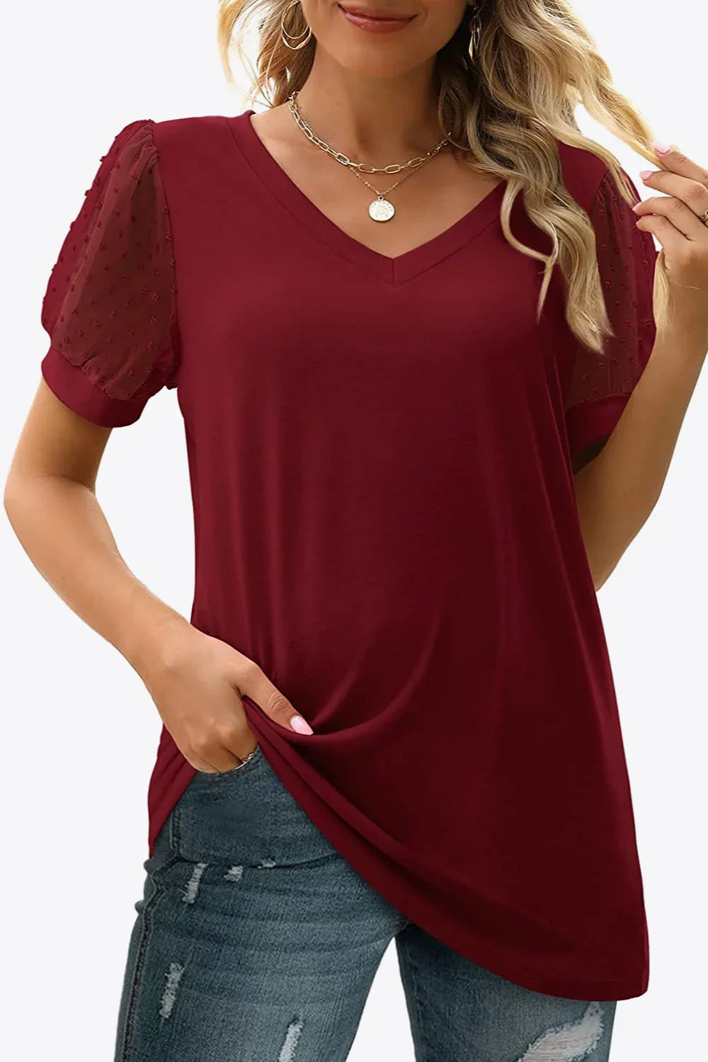 Swiss Dot Puff Sleeve V-Neck Tee With Dot Detailing - Southern Shores Clothing