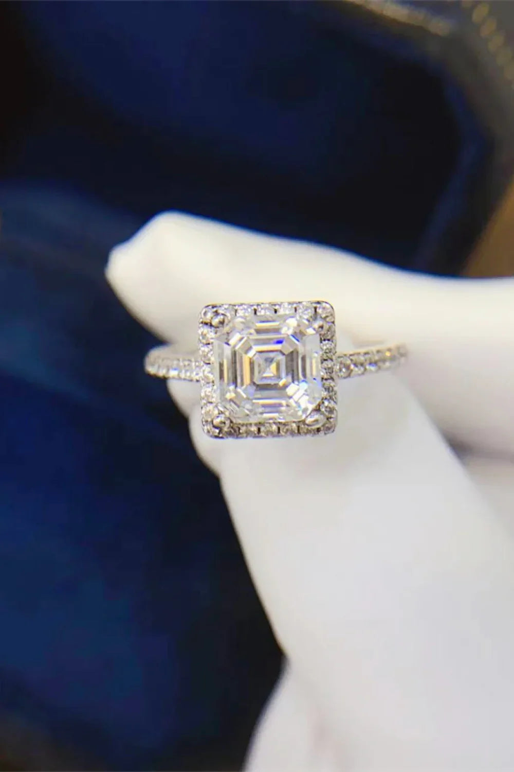 Emerald-Cut Moissanite Ring With Halo In Sterling Silver - Southern Shores Clothing