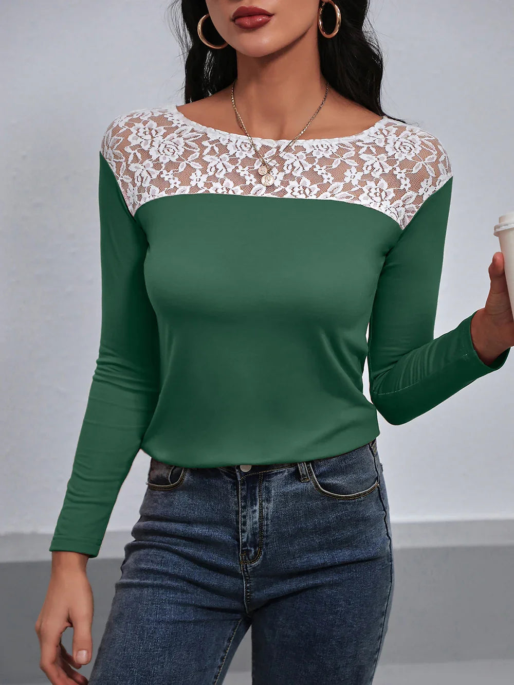 Lace Trim Long Sleeve Round Neck Tee For Casual Wear - Southern Shores Clothing