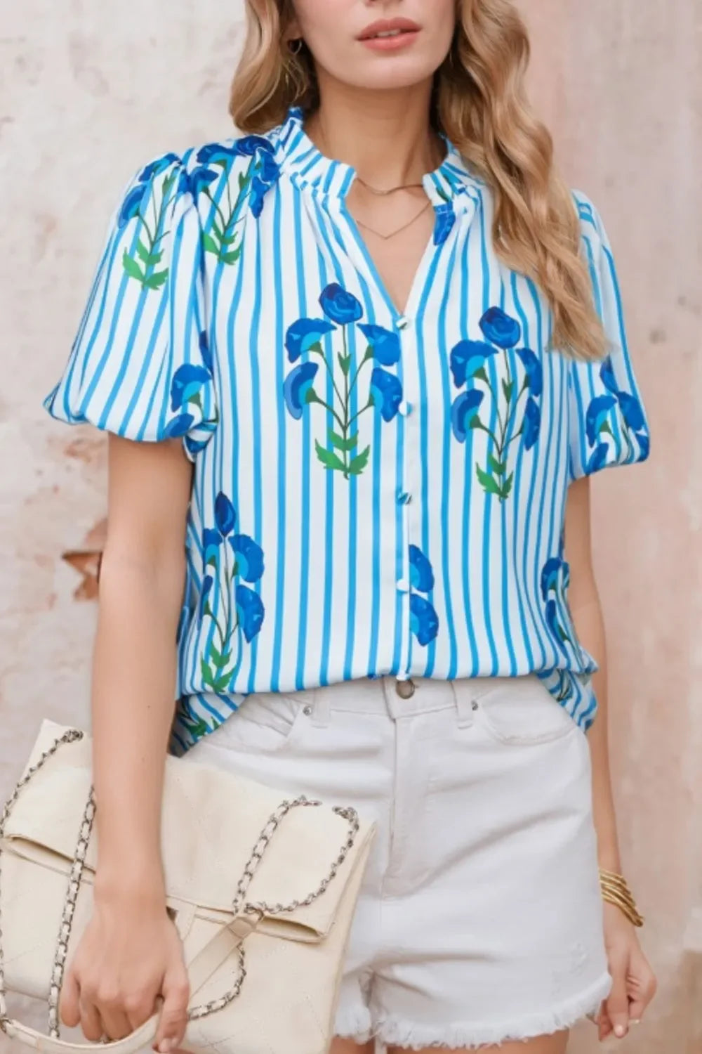 Striped Floral Notched Neck Puff Sleeve Blouse - Southern Shores Clothing