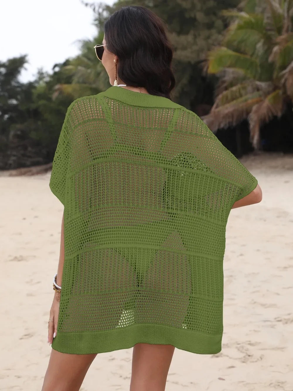 One Size Sheer Hollow Out Collared Neck Cover Up - Southern Shores Clothing
