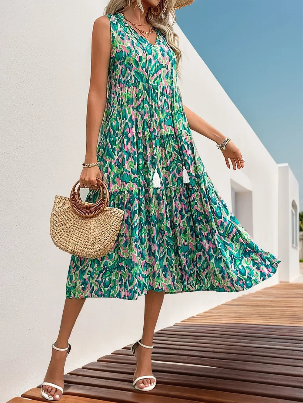 Tassel Printed Tie Neck Sleeveless Dress Viscose Relaxed Fit - Southern Shores Clothing