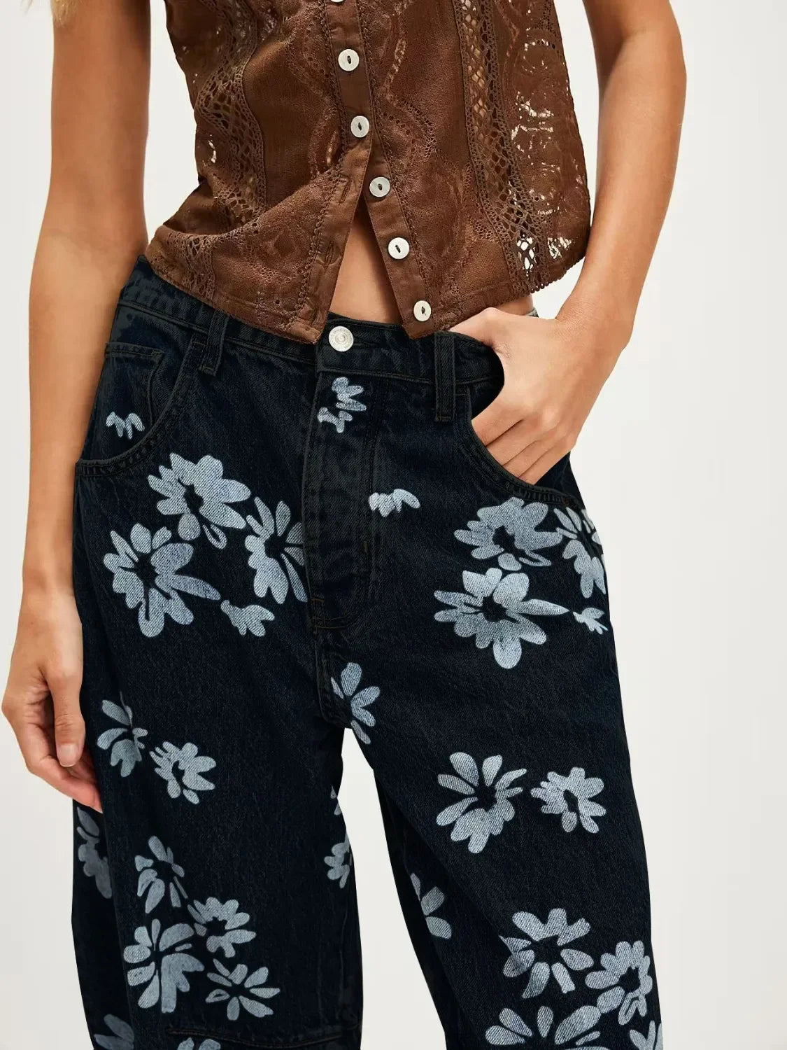 Ocean Printed Wide Leg Denim Jeans Coastal Style - Southern Shores Clothing