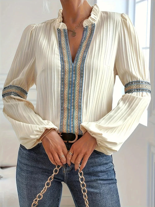 Textured Notched Balloon Sleeve Blouse Top - Southern Shores Clothing