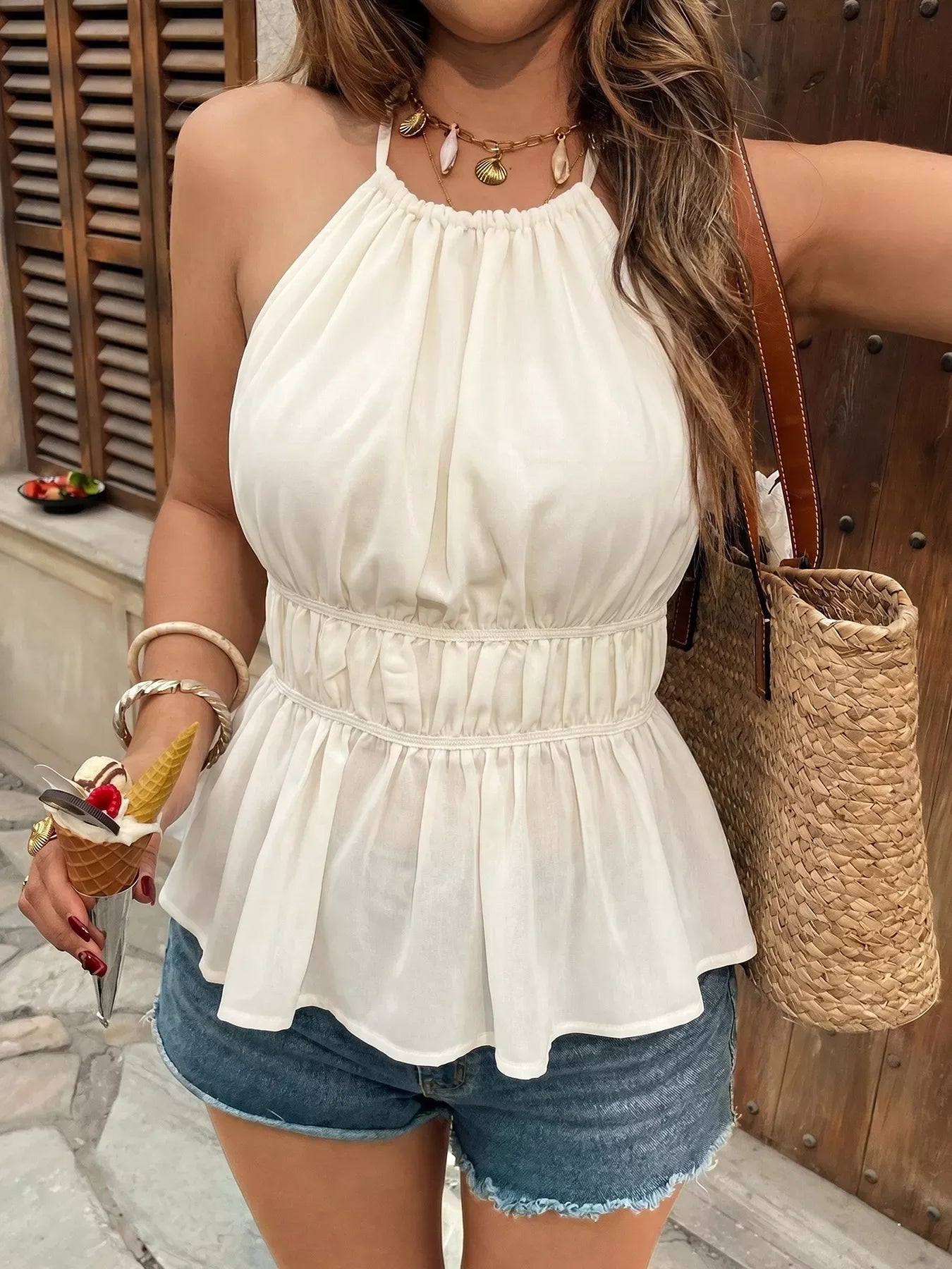 Elegant Halter Neck Cami Top With Shirred Waist For Warm Weather - Southern Shores Clothing
