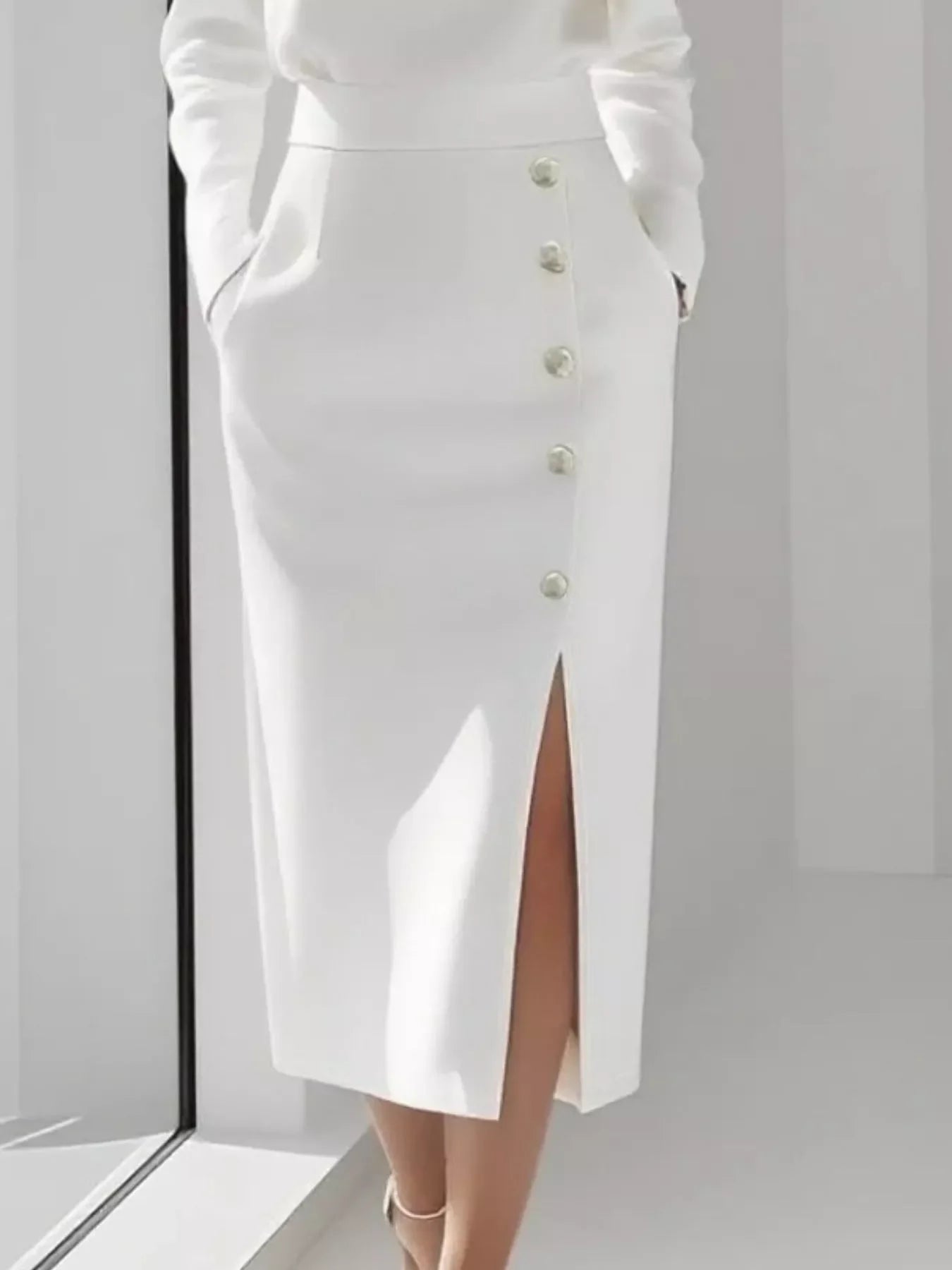 Coastal Long Sleeve Button Detail Midi Dress With Side Slit - Southern Shores Clothing