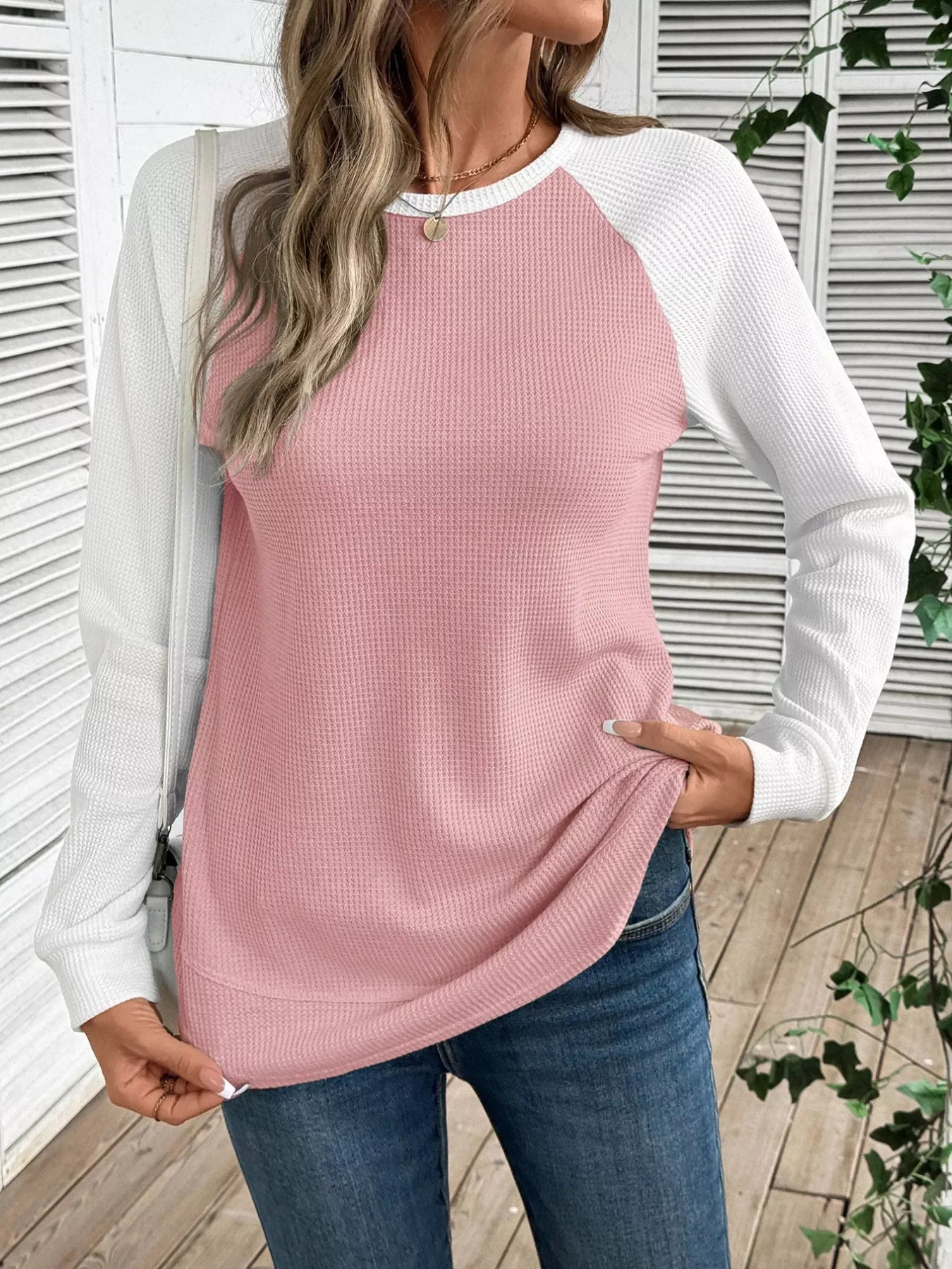 Contrast Raglan Sleeves Waffle Knit T Shirt - Southern Shores Clothing