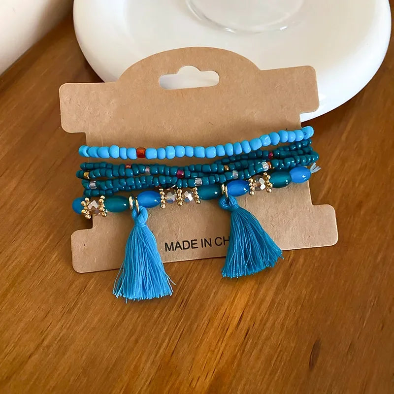 Multi Strand Boho Tassel Rice Bead Bracelet With Layered Beads - Southern Shores Clothing