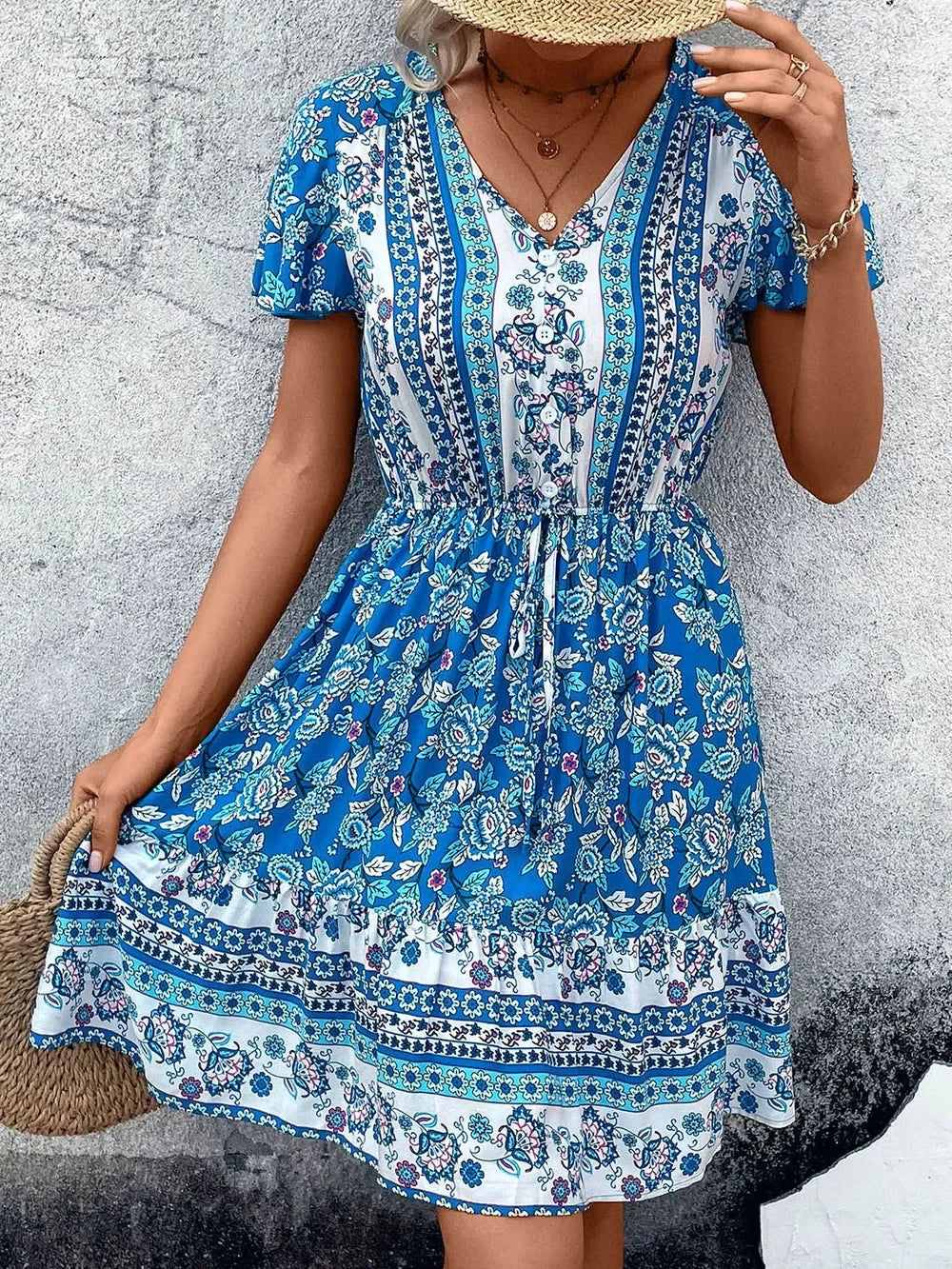 Floral Print V Neck Flutter Sleeve Mini Dress With Elastic Waist - Southern Shores Clothing