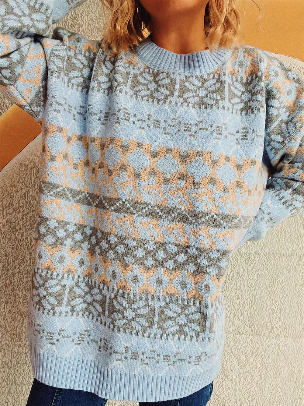 Geometric Pattern Dropped Shoulder Sweater - Southern Shores Clothing