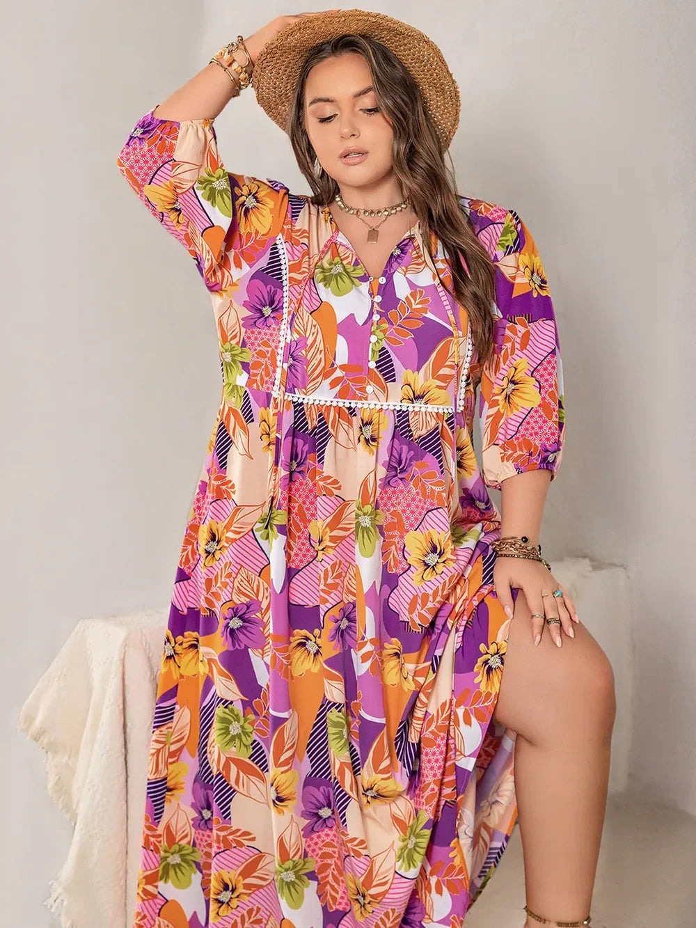 Printed Tie Neck Maxi Dress With Button Front Slit Allover Floral - Southern Shores Clothing