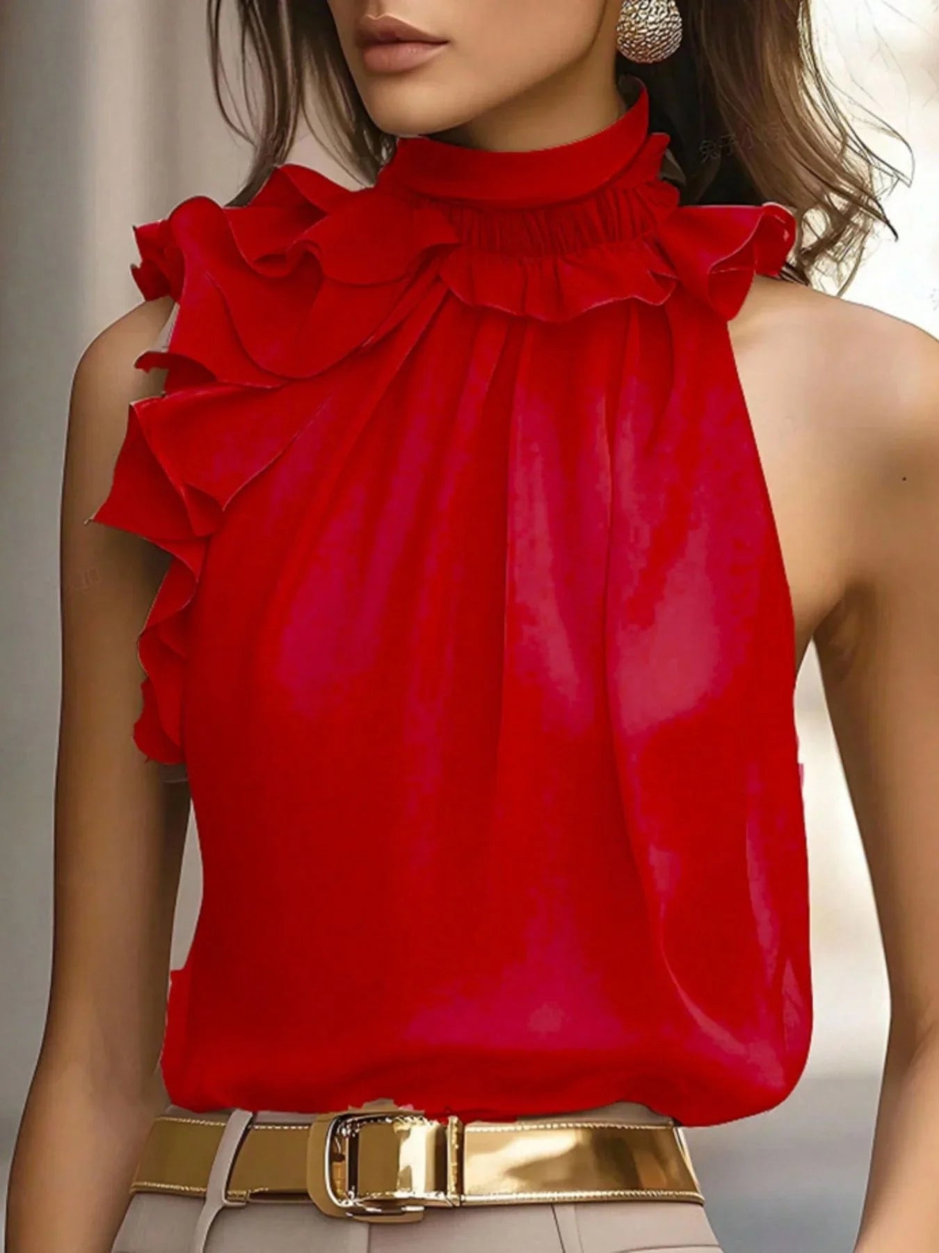 Ruffled High Neck Sleeveless Top With Draped Silhouette Detail - Southern Shores Clothing