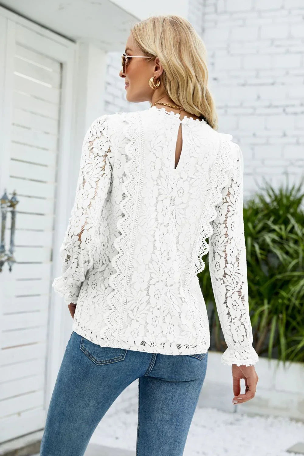 V Neck Flounce Sleeve Lace Top With Long Sleeves - Southern Shores Clothing