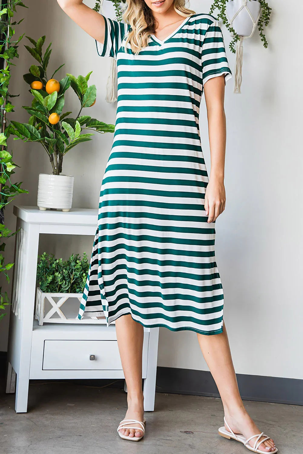 Striped V-Neck Short Sleeve Side Slit Dress - Southern Shores Clothing