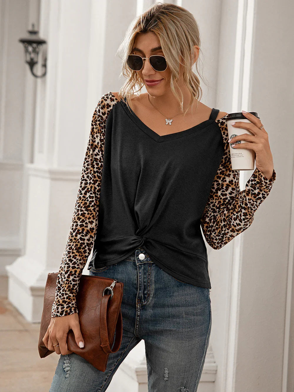 Leopard Print Twist Front Cold Shoulder Tee - Southern Shores Clothing