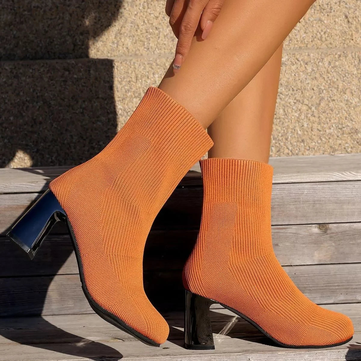 Round Toe Block Heels Boots Mesh Rubber Imported