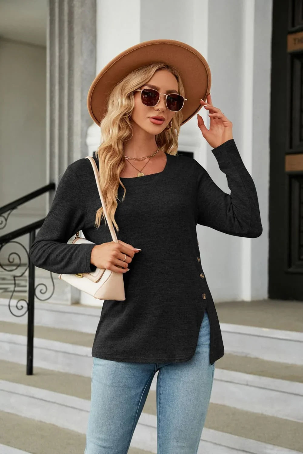 Square Neck Long Sleeve Slit Stretchy T Shirt - Southern Shores Clothing