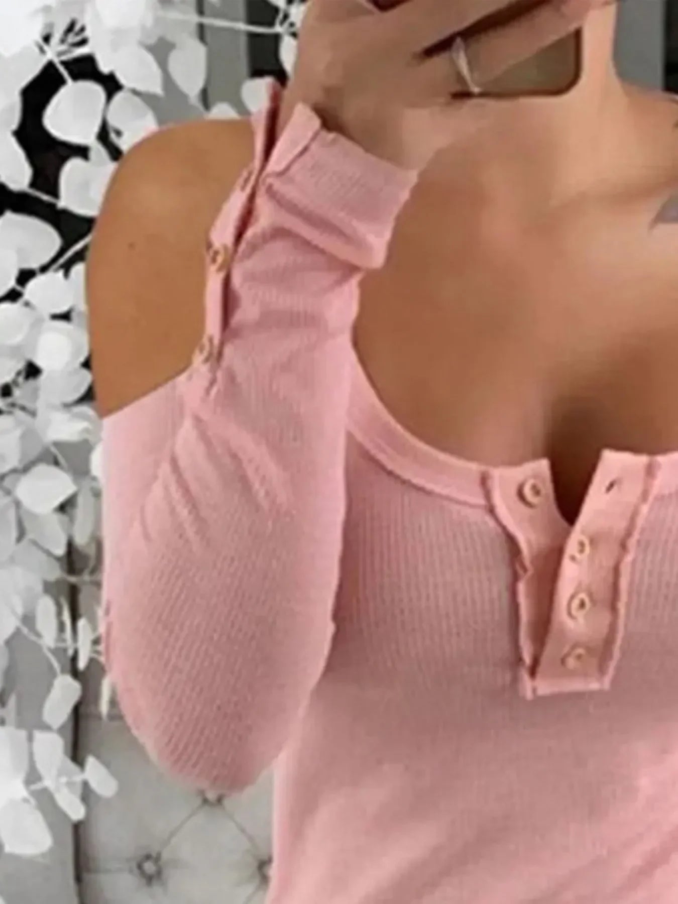 Cold Shoulder Ribbed Henley Tee With Button Detail - Southern Shores Clothing