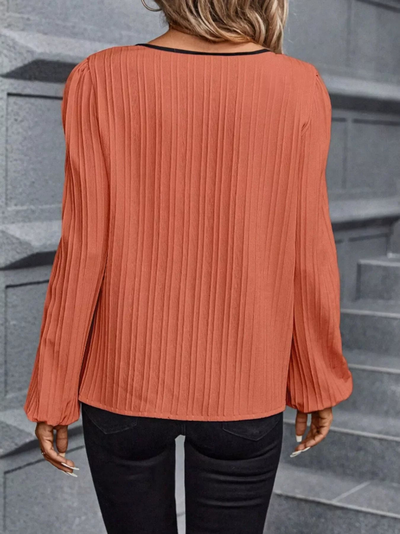 Textured Notched Long Sleeve Blouse Polyester - Southern Shores Clothing