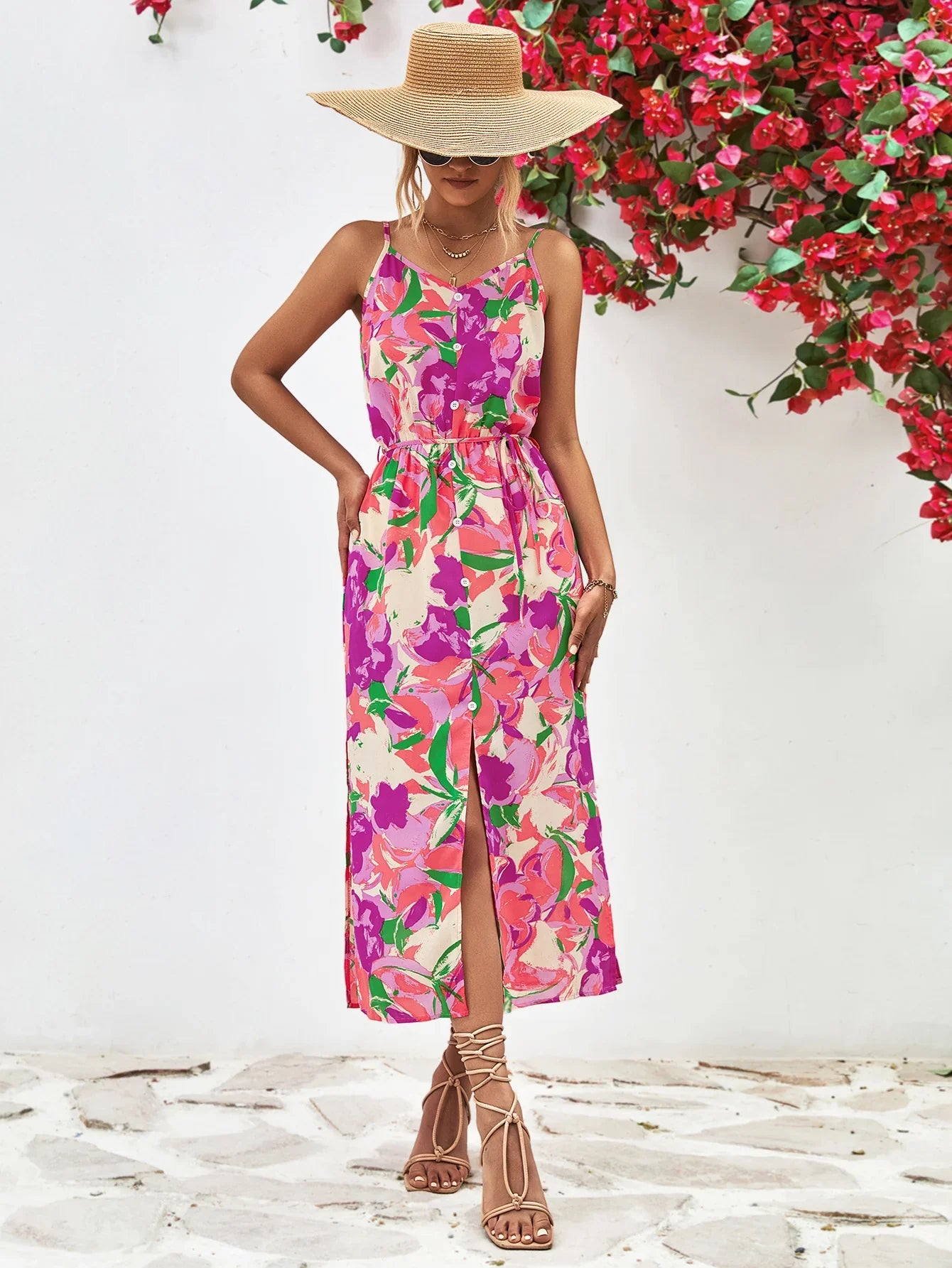 Printed Spaghetti Strap Front Slit Dress - Southern Shores Clothing