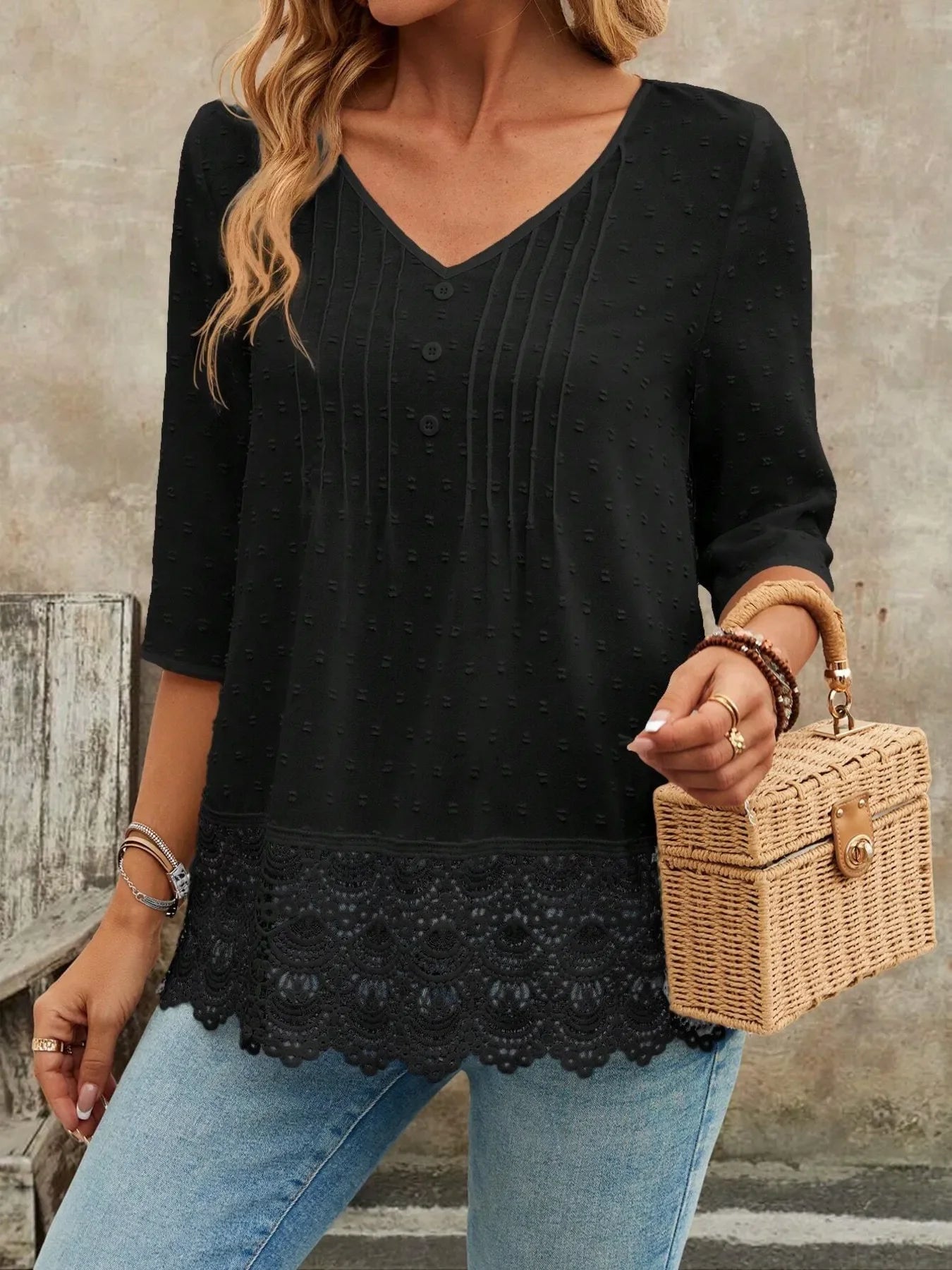 V-Neck Lace Hem Blouse With Decorative Button - Southern Shores Clothing