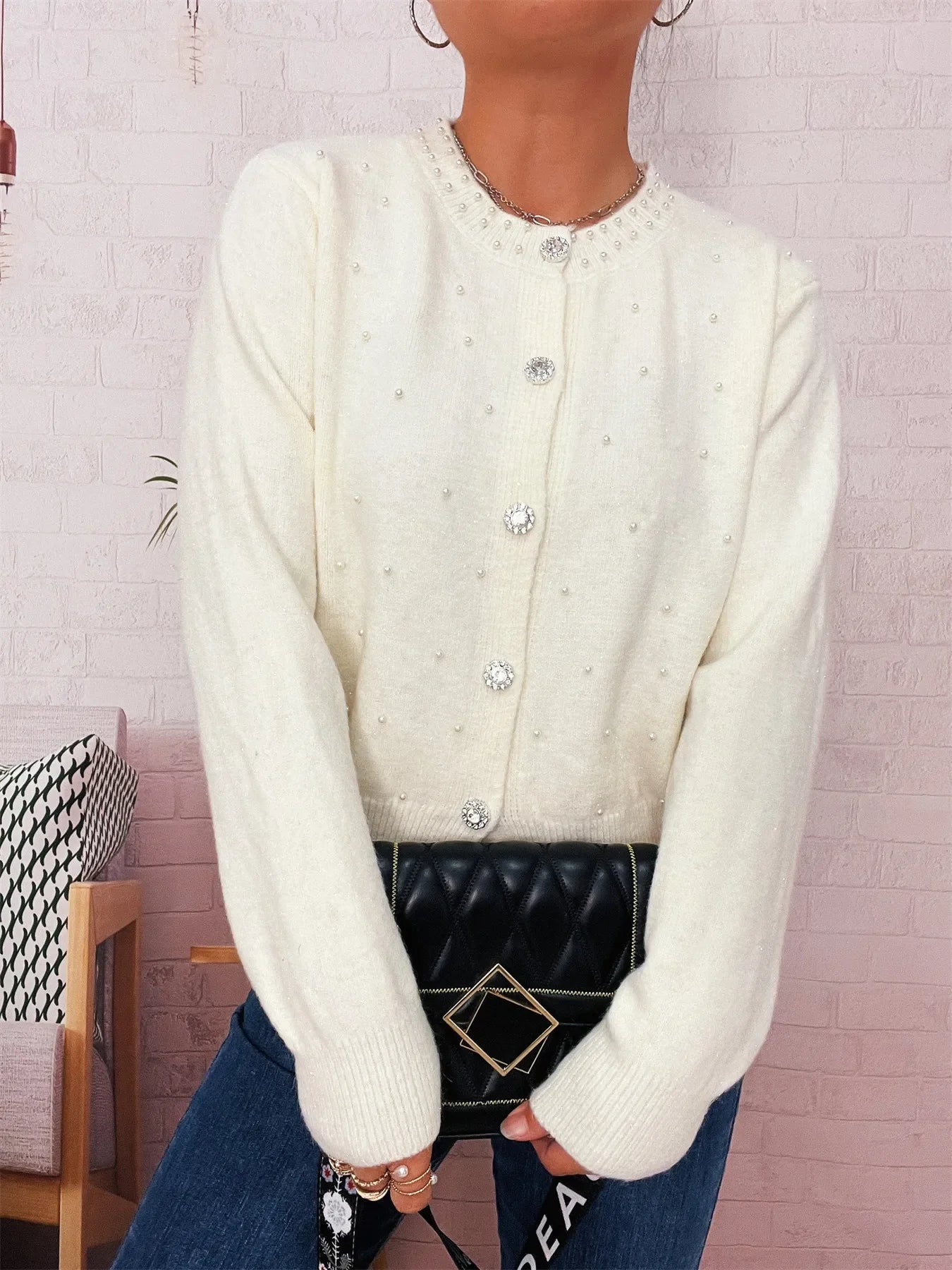 Pearl Detail Button Front Cardigan Stretch Knit - Southern Shores Clothing