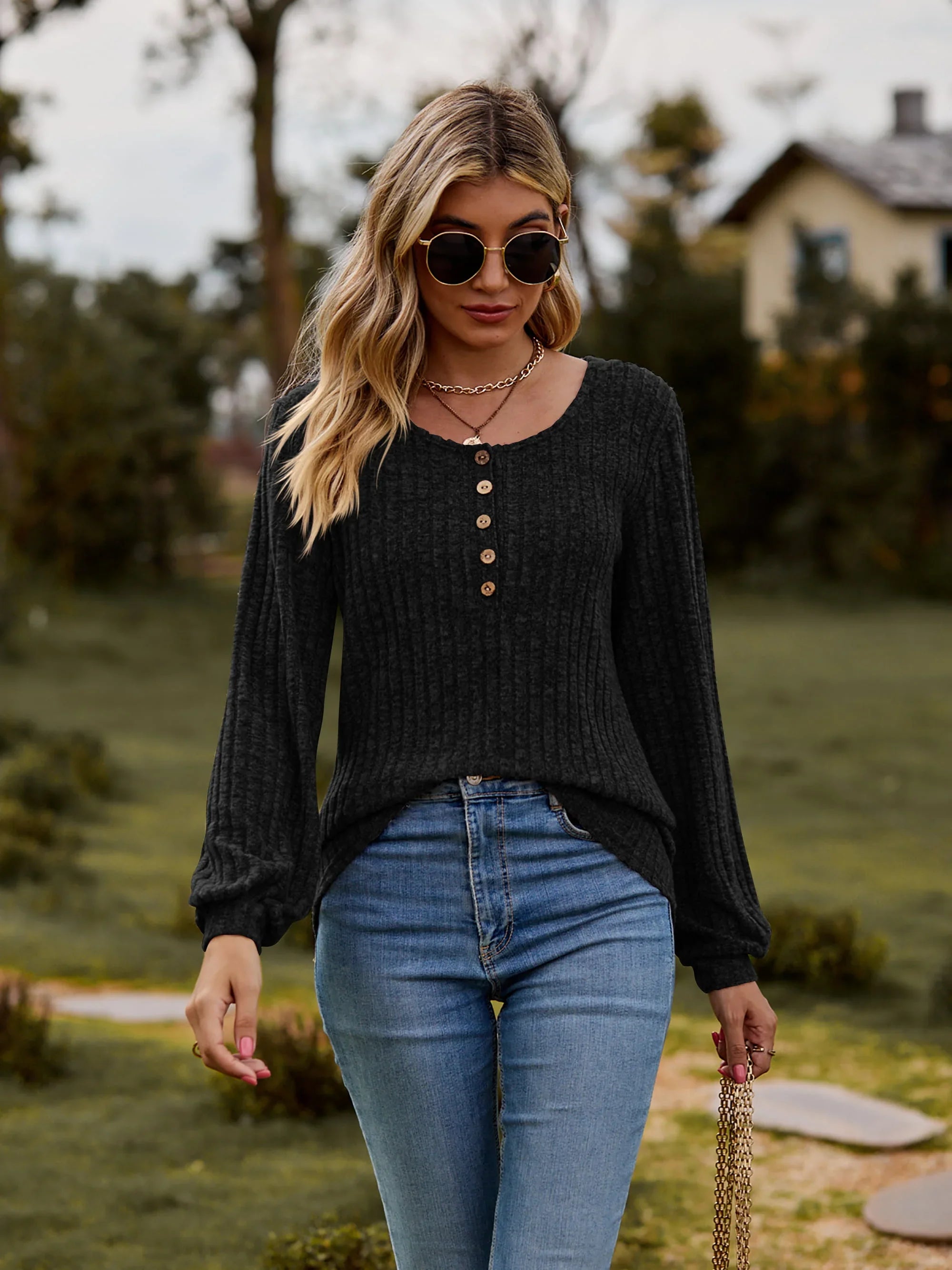 Stretchy Heathered Round Neck Button-Down Long Sleeve Tee - Southern Shores Clothing