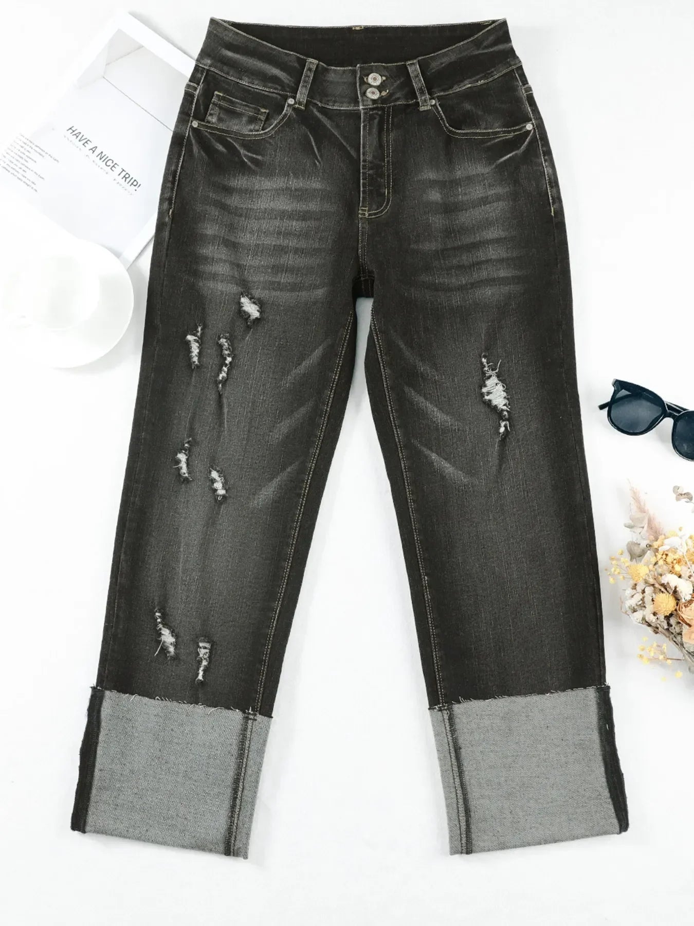 Coastal Inspired High Waist Distressed Straight Leg Jeans - Southern Shores Clothing