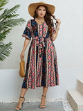 Honey Plus Size Bohemian V-Neck Tie Belt Midi Dress - Southern Shores Clothing