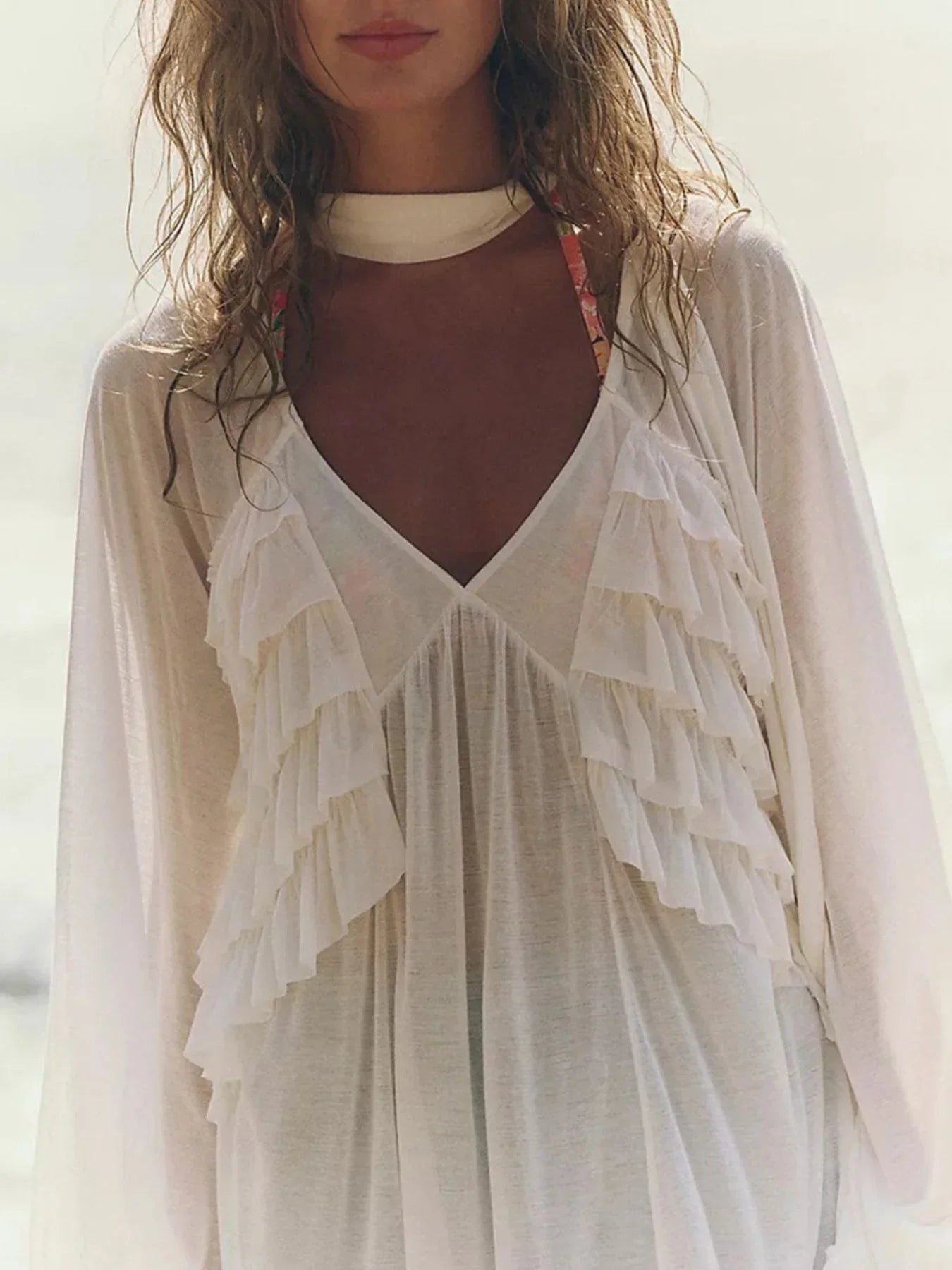 Sheer Ruffle Trim Cover Up With Layered Ruffles Relaxed Fit - Southern Shores Clothing