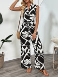 Printed Sleeveless Wide Leg Jumpsuit With Zipper Pockets - Southern Shores Clothing