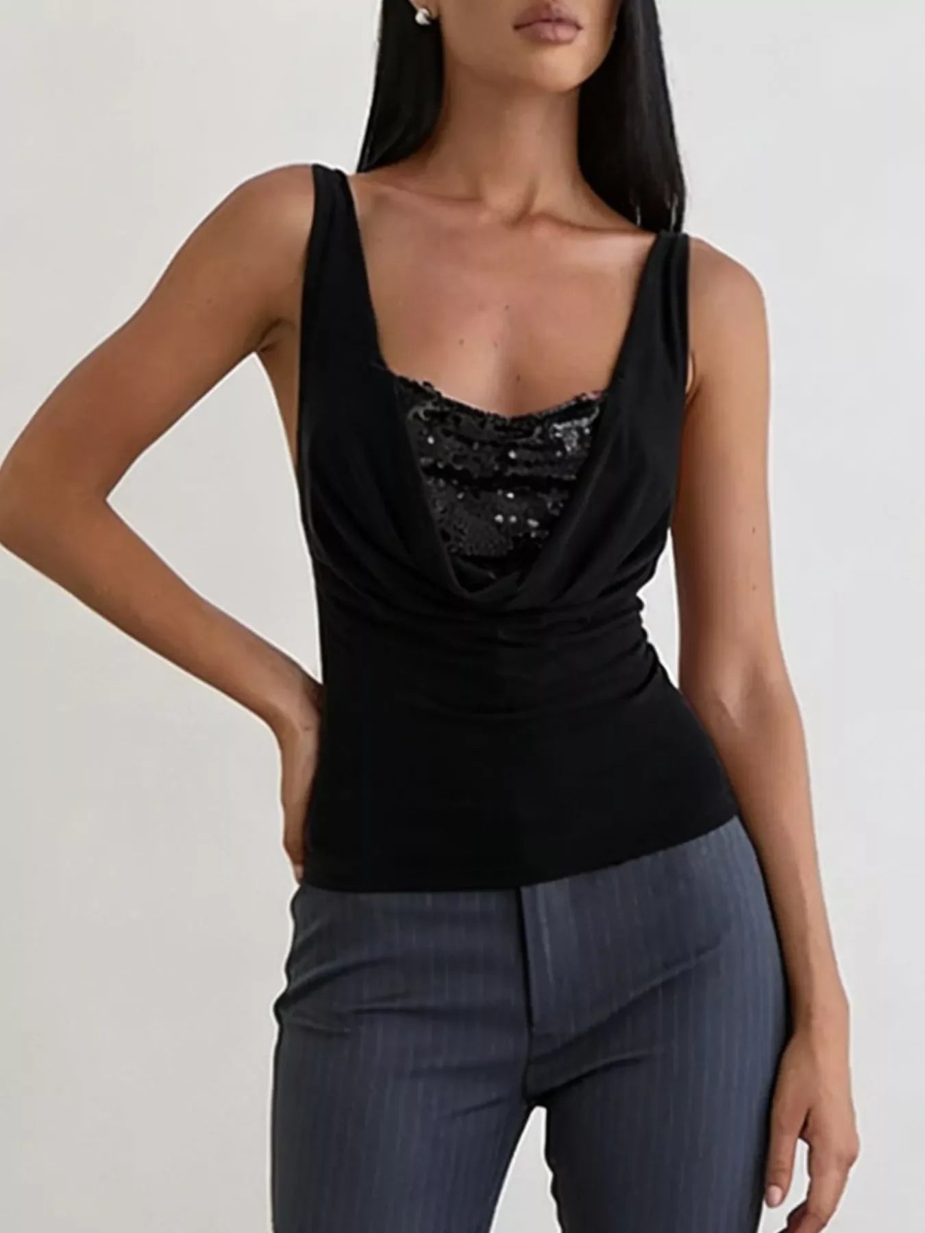 Sequin Detail Ruched Tank Top With Draped Front Stretchy Knit - Southern Shores Clothing