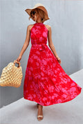 Printed Sleeveless Tie Waist Maxi Dress Polka Dot - Southern Shores Clothing