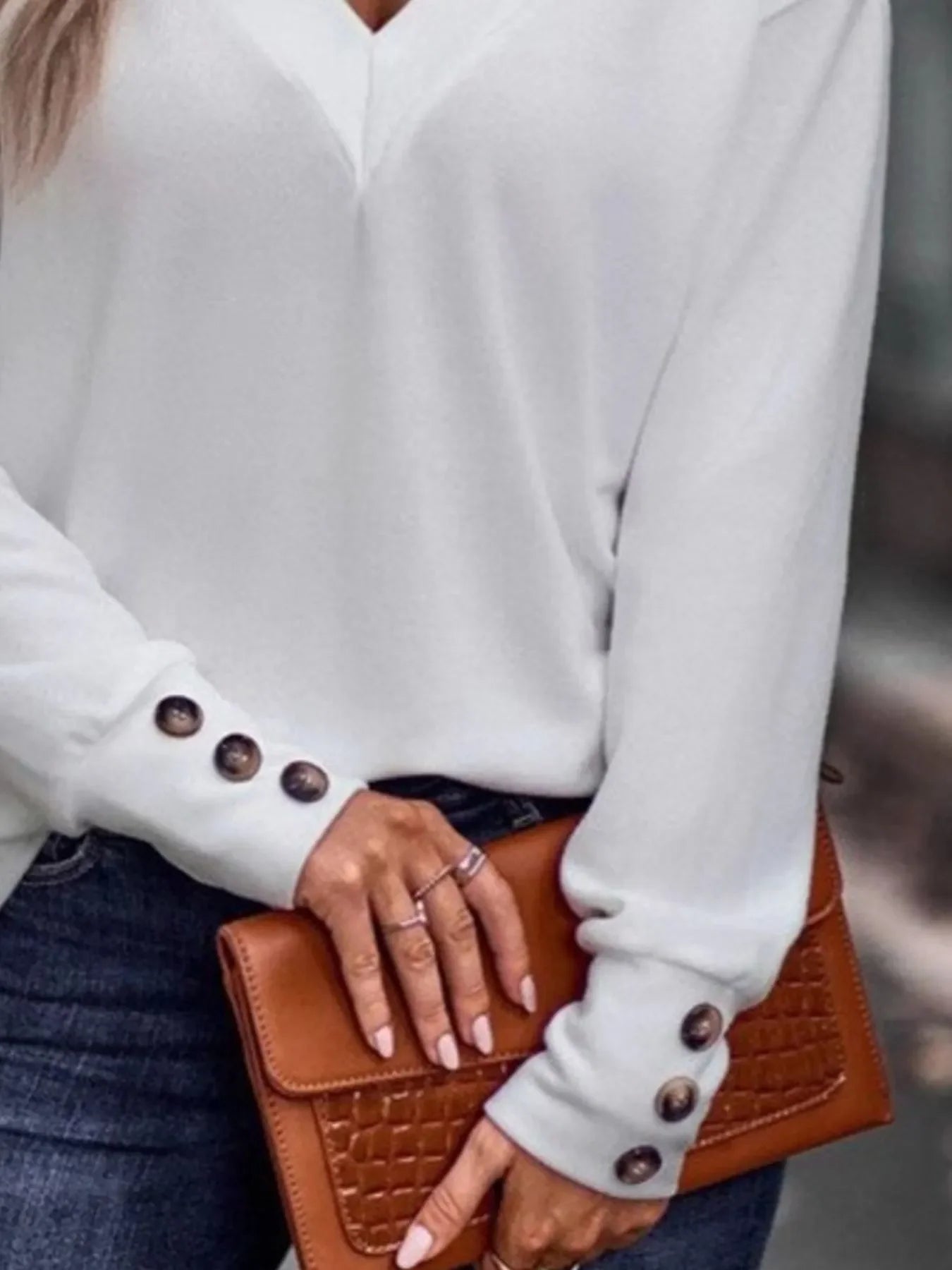 V-Neck Long Sleeve Tee With Decorative Buttons - Southern Shores Clothing
