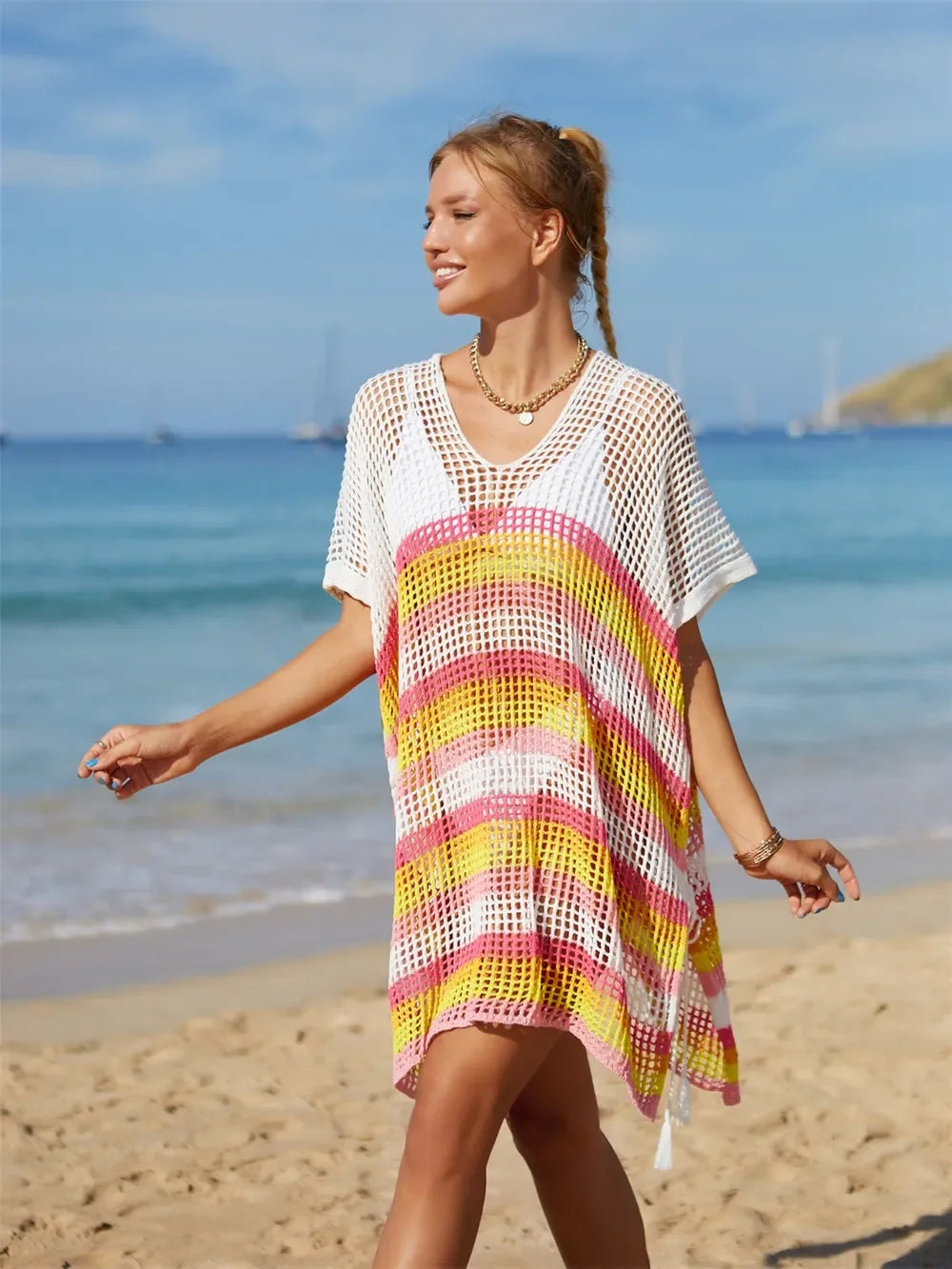 Angel Wings Striped Cutout Cover Up One Size Tassel - Southern Shores Clothing