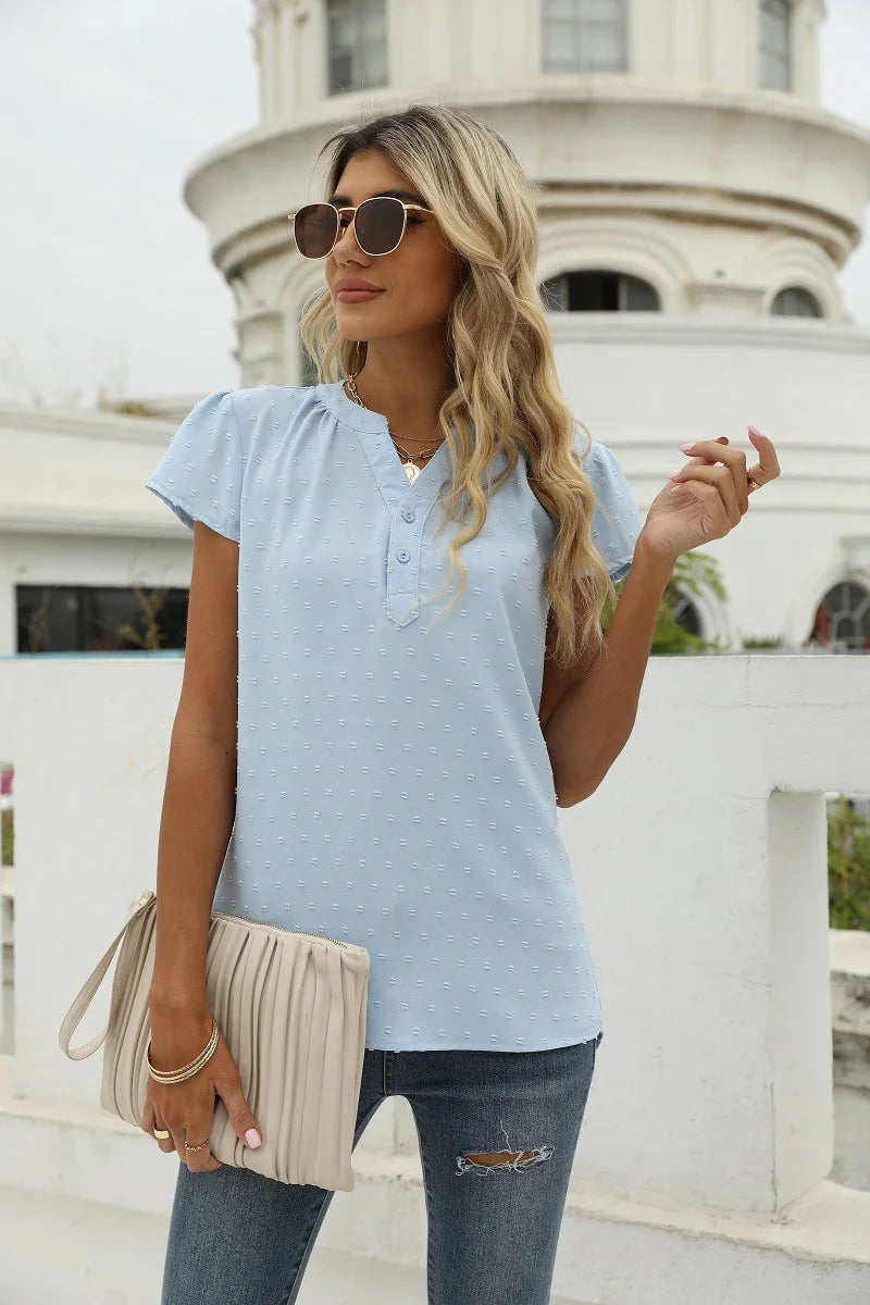Swiss Dot Notched Neck Short Sleeve Top Casual Wear - Southern Shores Clothing