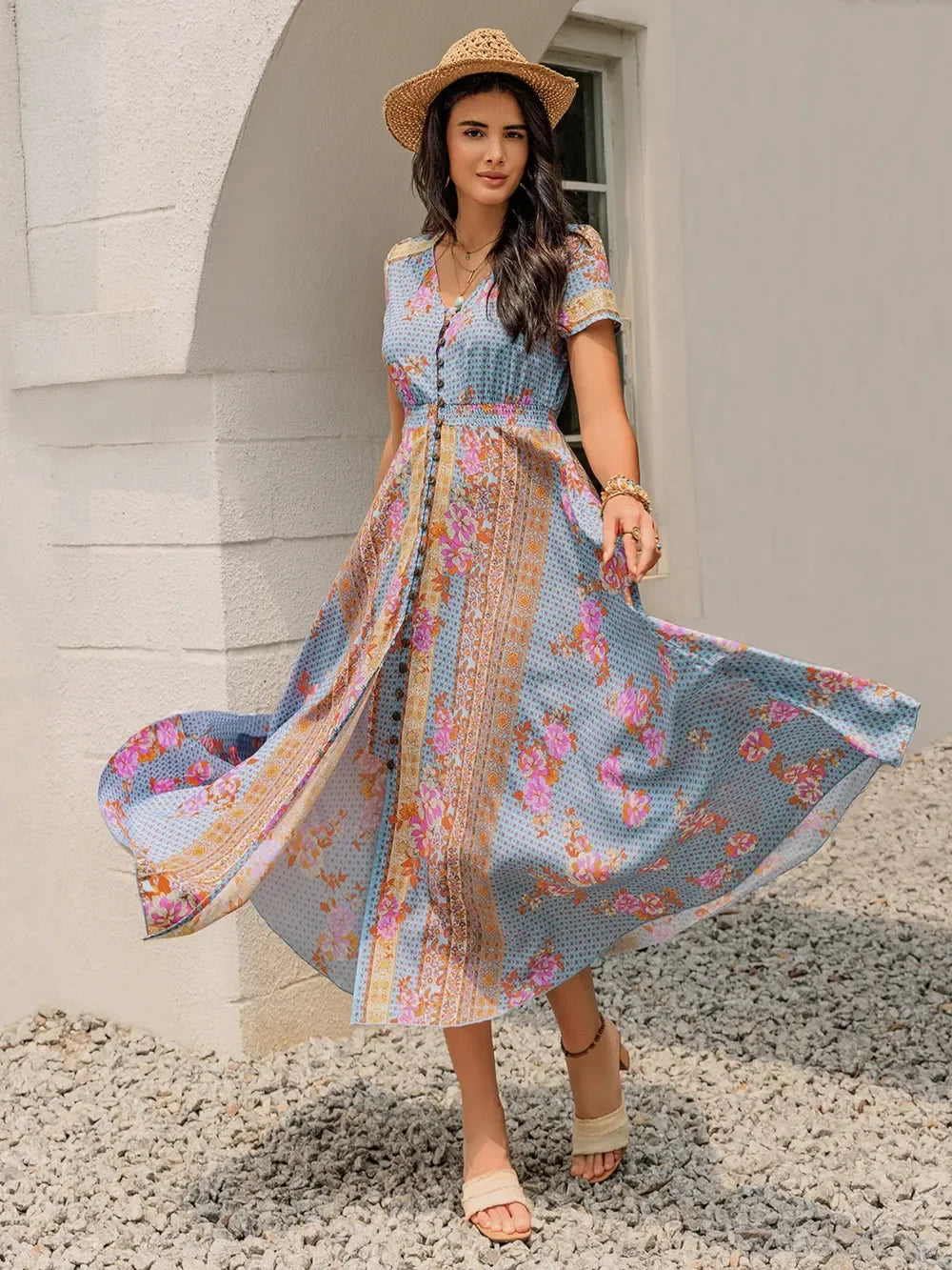 Smocked Floral V-Neck Midi Dress With Buttoned Slit Ruched - Southern Shores Clothing