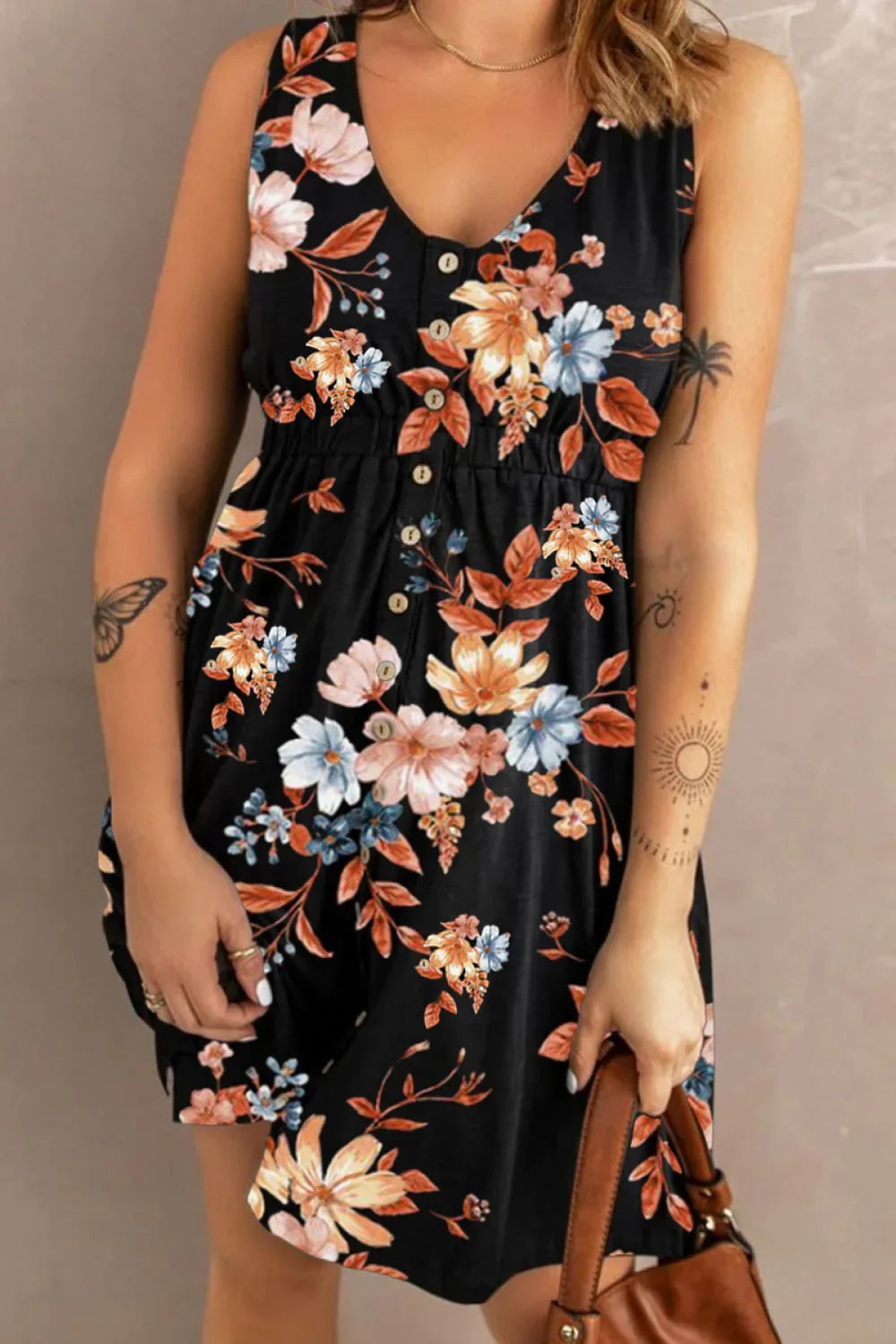 Double Take Printed Scoop Neck Sleeveless Buttoned Magic Dress with Pockets - Southern Shores Clothing