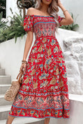 Perfee Floral Off-Shoulder Smocked Midi Dress - Southern Shores Clothing